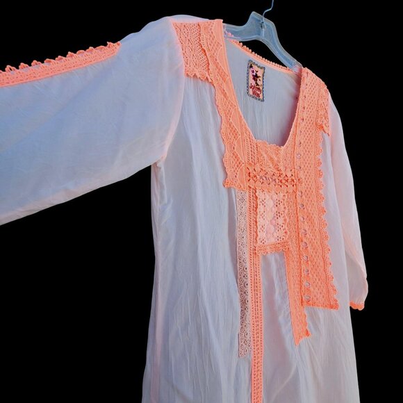 Johnny Was Size M Sheer White Boho Tunic Top Long Sleeves with Orange Lace - Picture 9 of 10